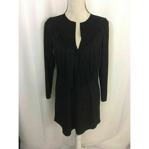 Zara Womens Solid Black Long Sleeve Native American Faux Suede Mini Dress Small - Picture 2 of 8